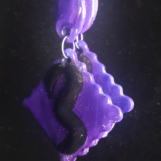 Purple & Black Scalloped Square Resin Dangle Earrings