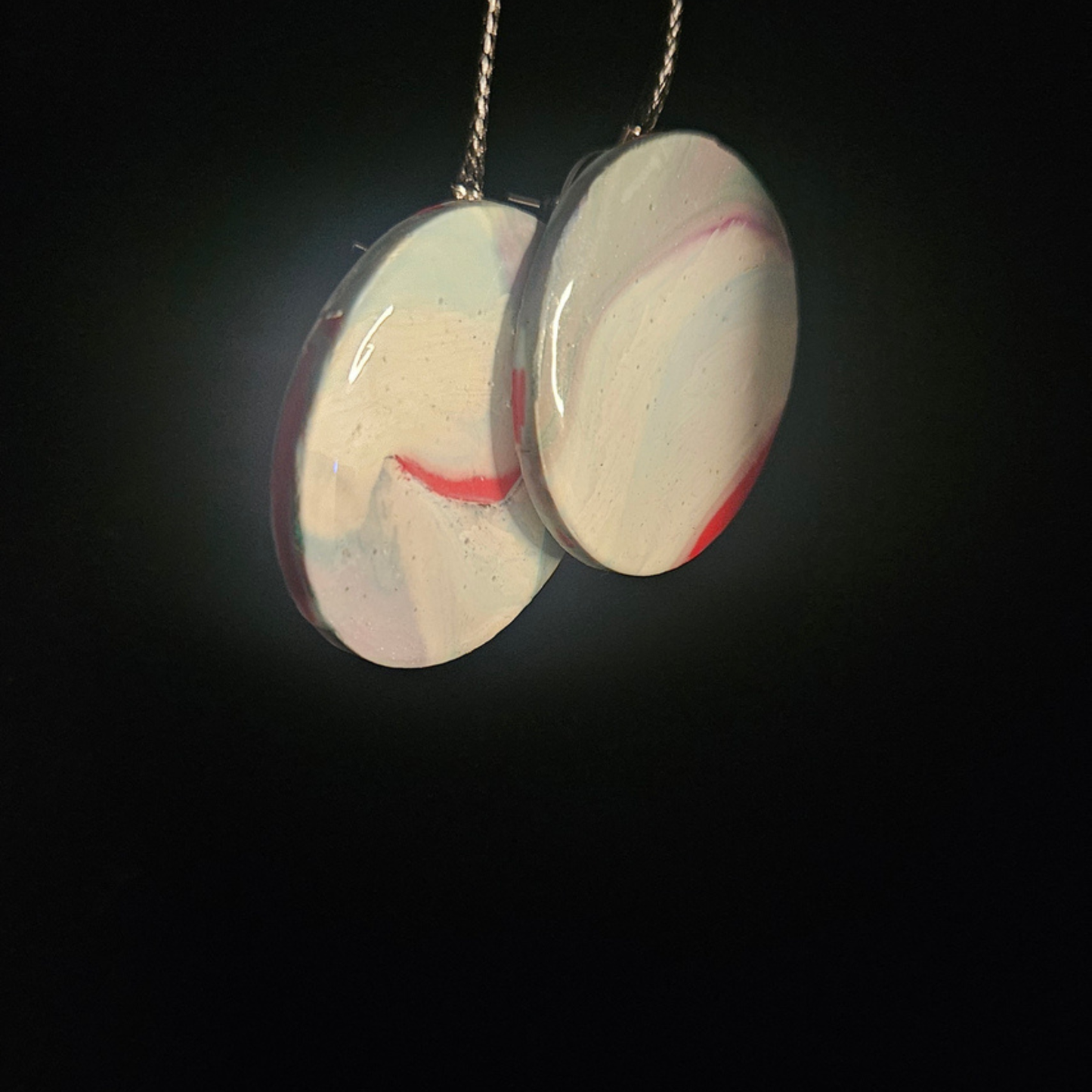 White & Red Marble Disc Resin Dangle Earrings