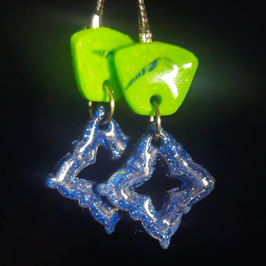 Neon Green & Blue Glitter Open 4-Point Star Resin Dangle Earrings