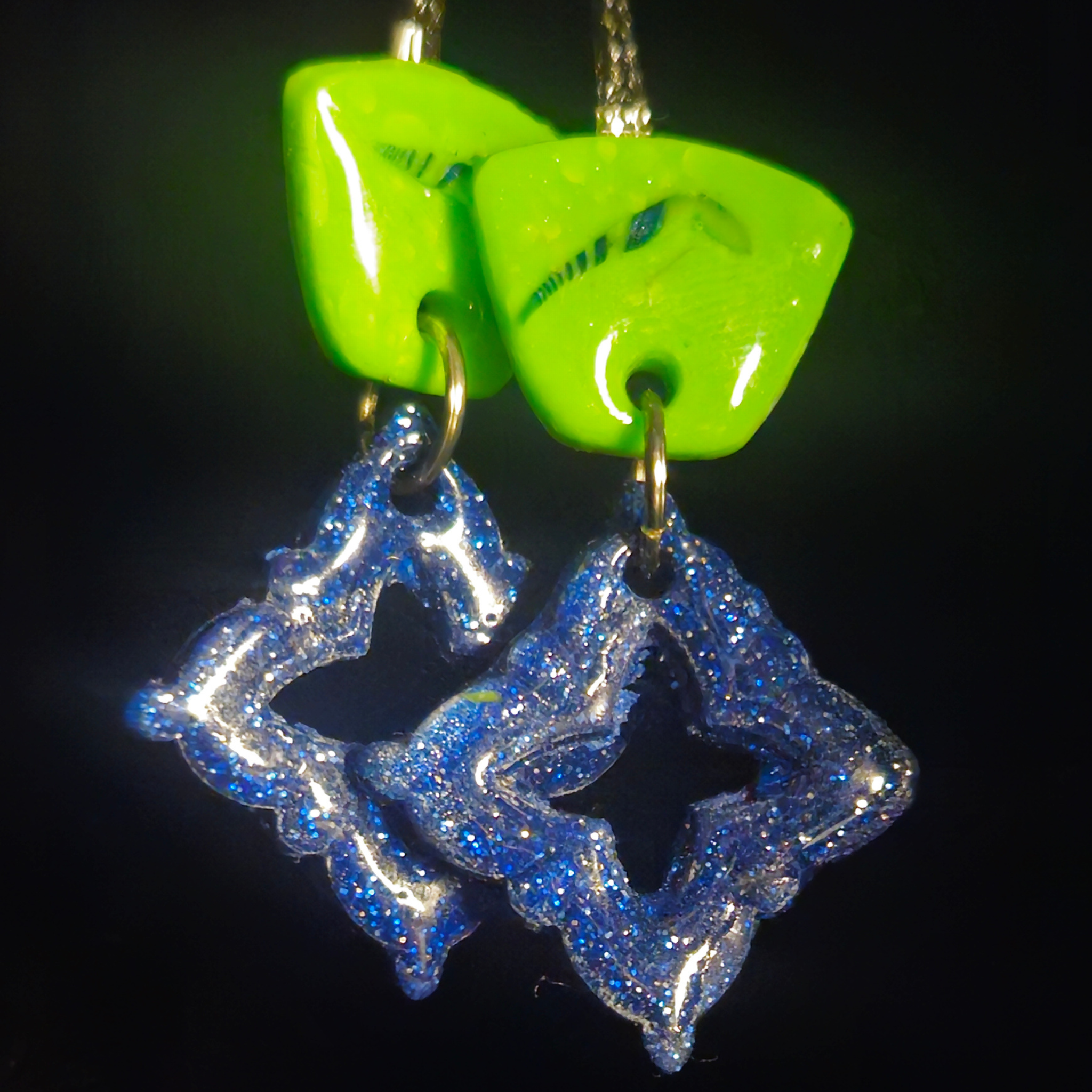 Neon Green & Blue Glitter Open 4-Point Star Resin Dangle Earrings