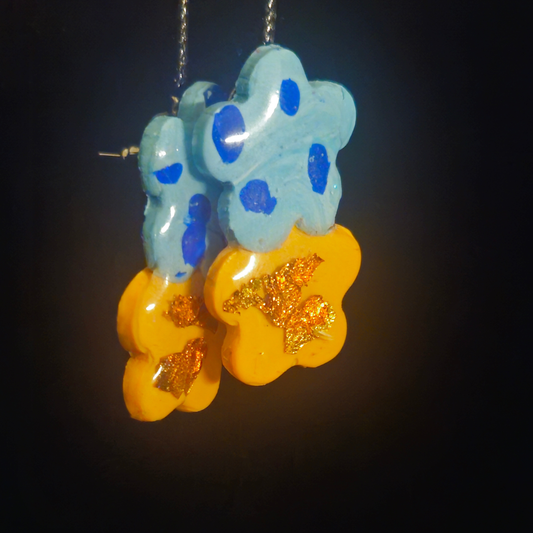 Sky Blue Polka Dot & Yellow Gold Foil Stacked Flower Resin Stud Earrings