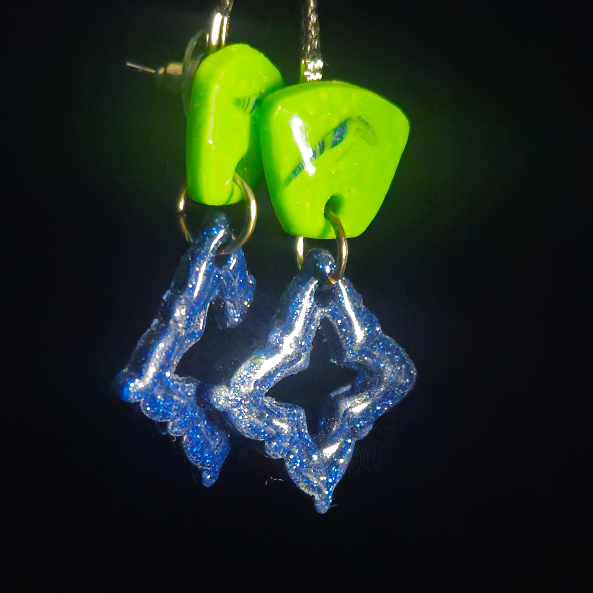 Neon Green & Blue Glitter Open 4-Point Star Resin Dangle Earrings