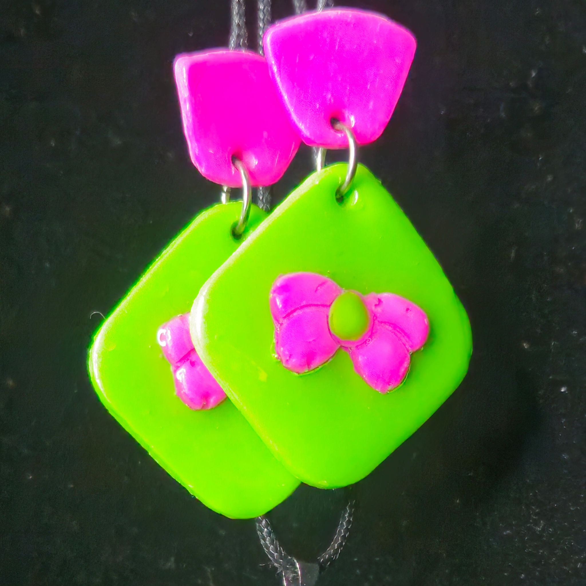 Neon Green Square with Hot Pink Raised Flower Resin Earring & Necklace Set