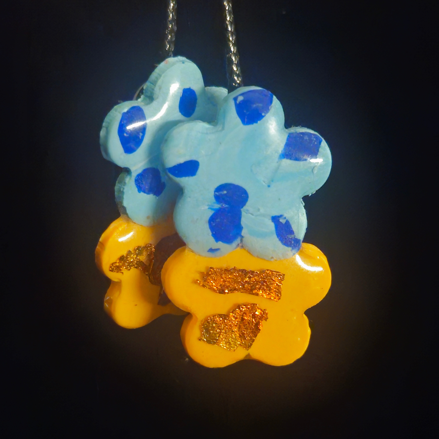 Sky Blue Polka Dot & Yellow Gold Foil Stacked Flower Resin Stud Earrings