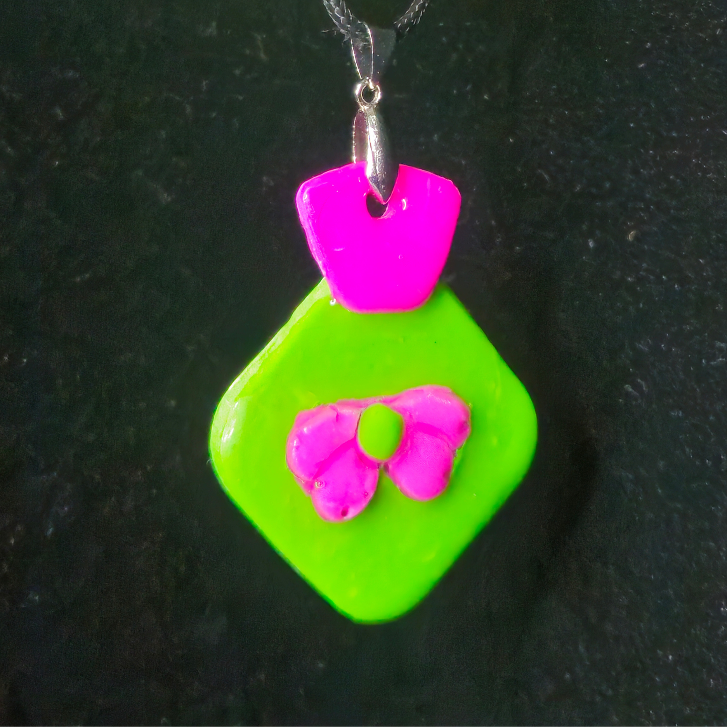 Neon Green Square with Hot Pink Raised Flower Resin Earring & Necklace Set