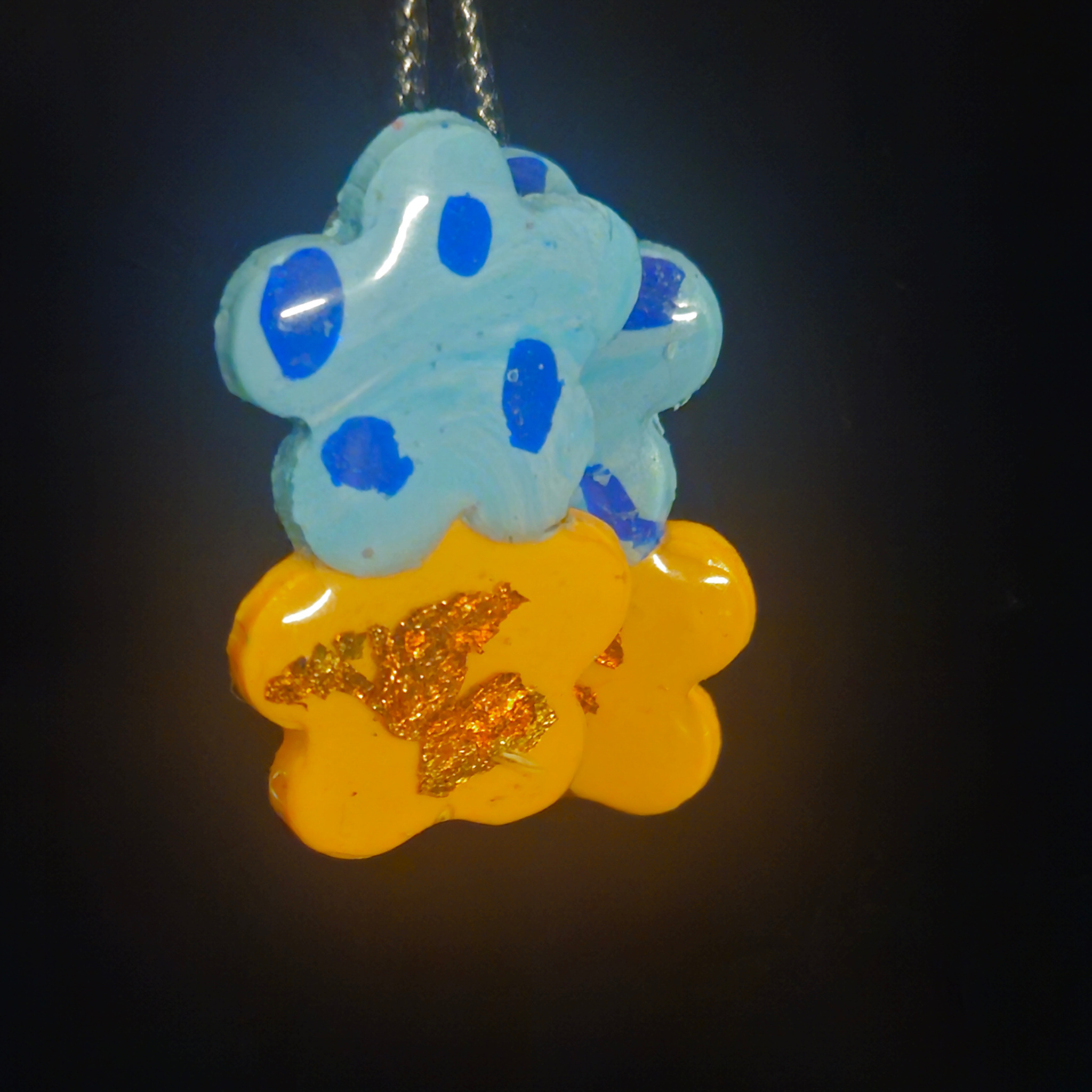 Sky Blue Polka Dot & Yellow Gold Foil Stacked Flower Resin Stud Earrings