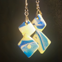 Blue & Cream Marble Stacked Diamond Resin Dangle Earrings