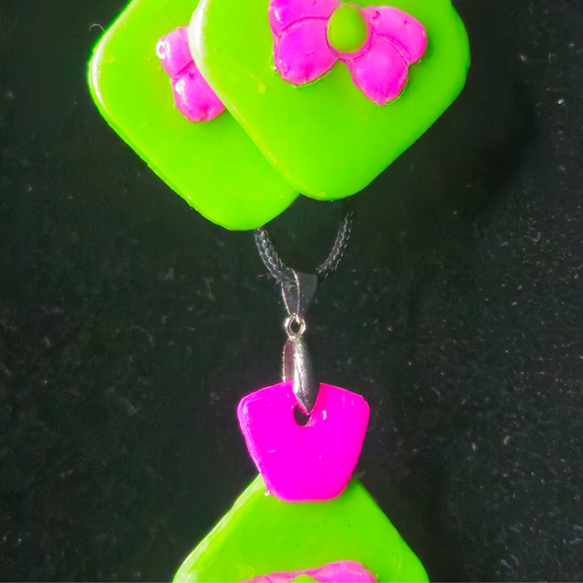 Neon Green Square with Hot Pink Raised Flower Resin Earring & Necklace Set