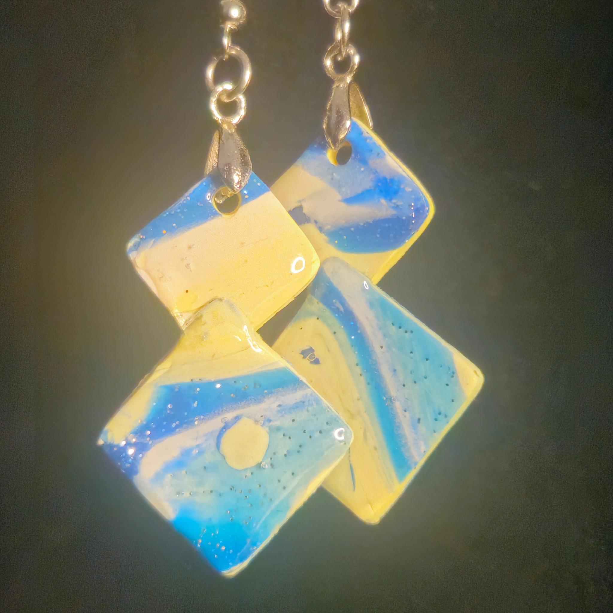 Blue & Cream Marble Stacked Diamond Resin Dangle Earrings