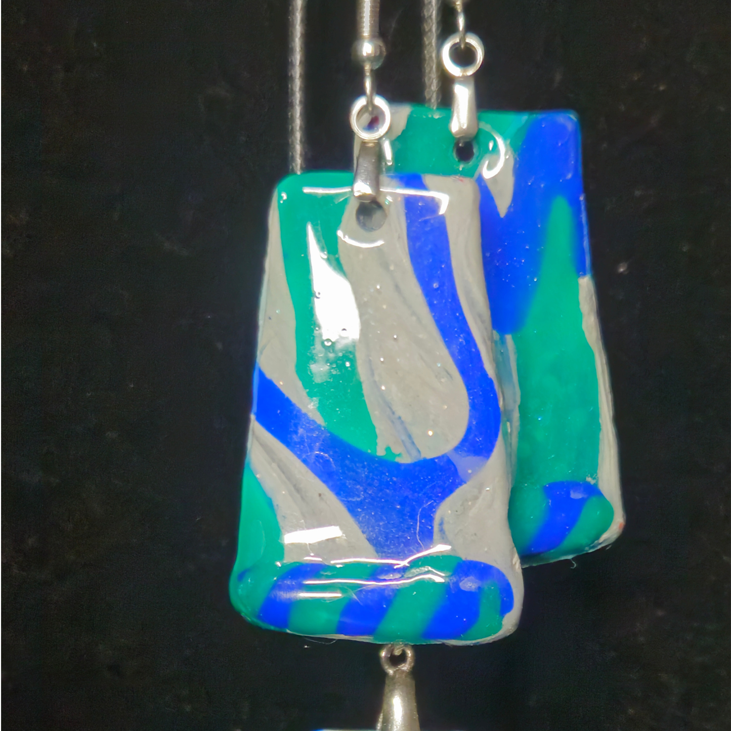 White, Teal & Royal Blue Abstract Swirl Rectangle Resin Earring & Necklace Set