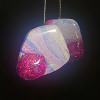 White Iridescent & Hot Pink Chunky Glitter Raw Crystal Slab Resin Earrings