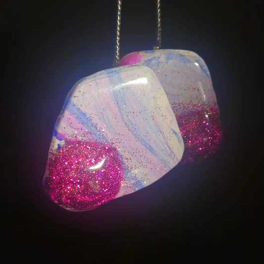 White Iridescent & Hot Pink Chunky Glitter Raw Crystal Slab Resin Earrings