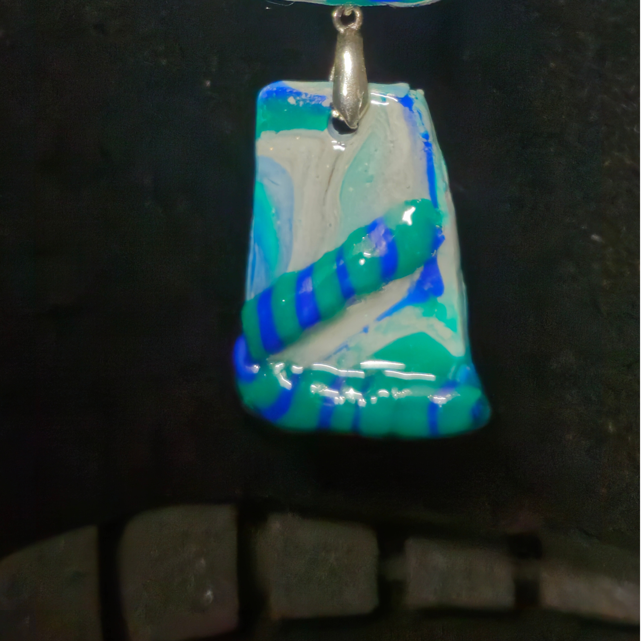 White, Teal & Royal Blue Abstract Swirl Rectangle Resin Earring & Necklace Set