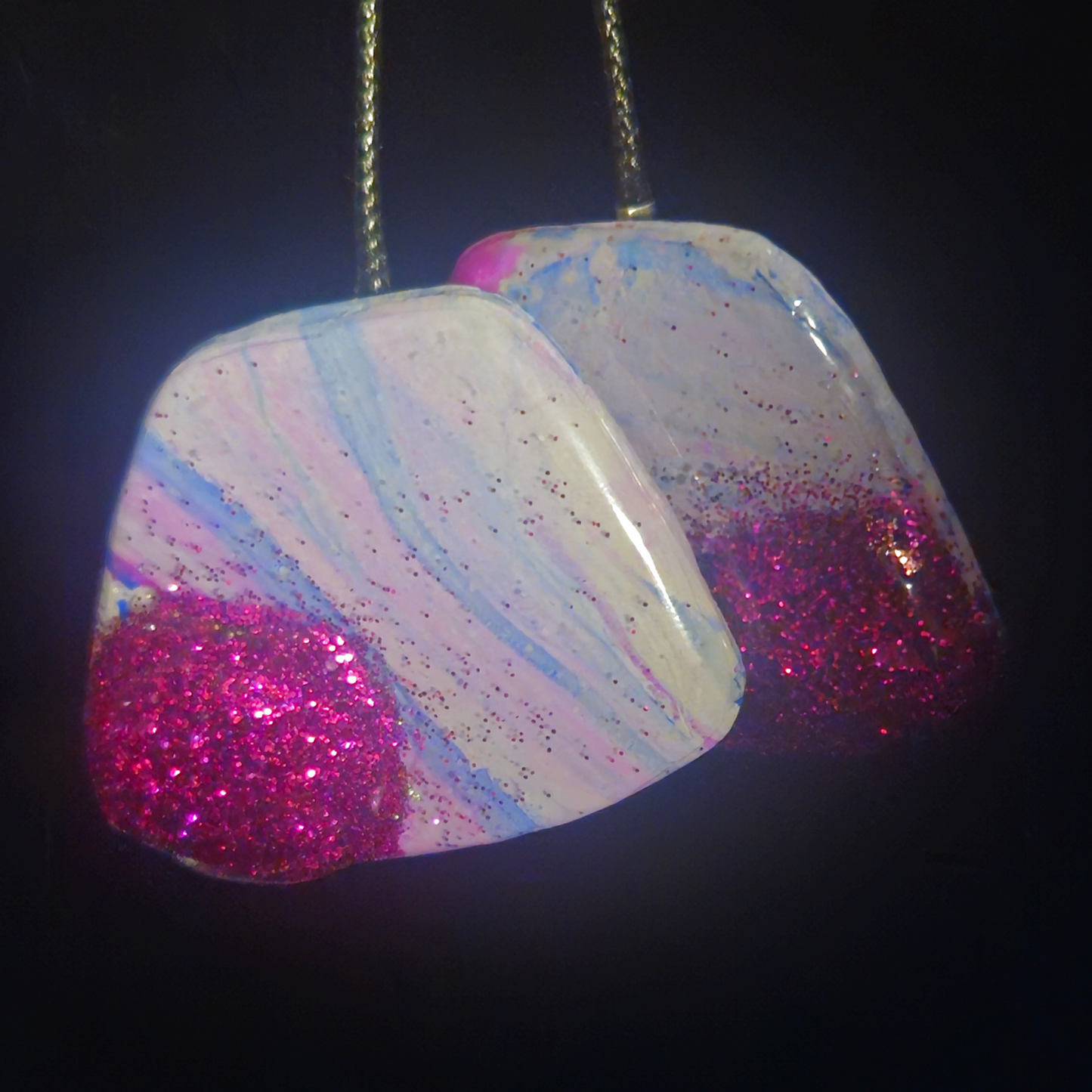 White Iridescent & Hot Pink Chunky Glitter Raw Crystal Slab Resin Earrings