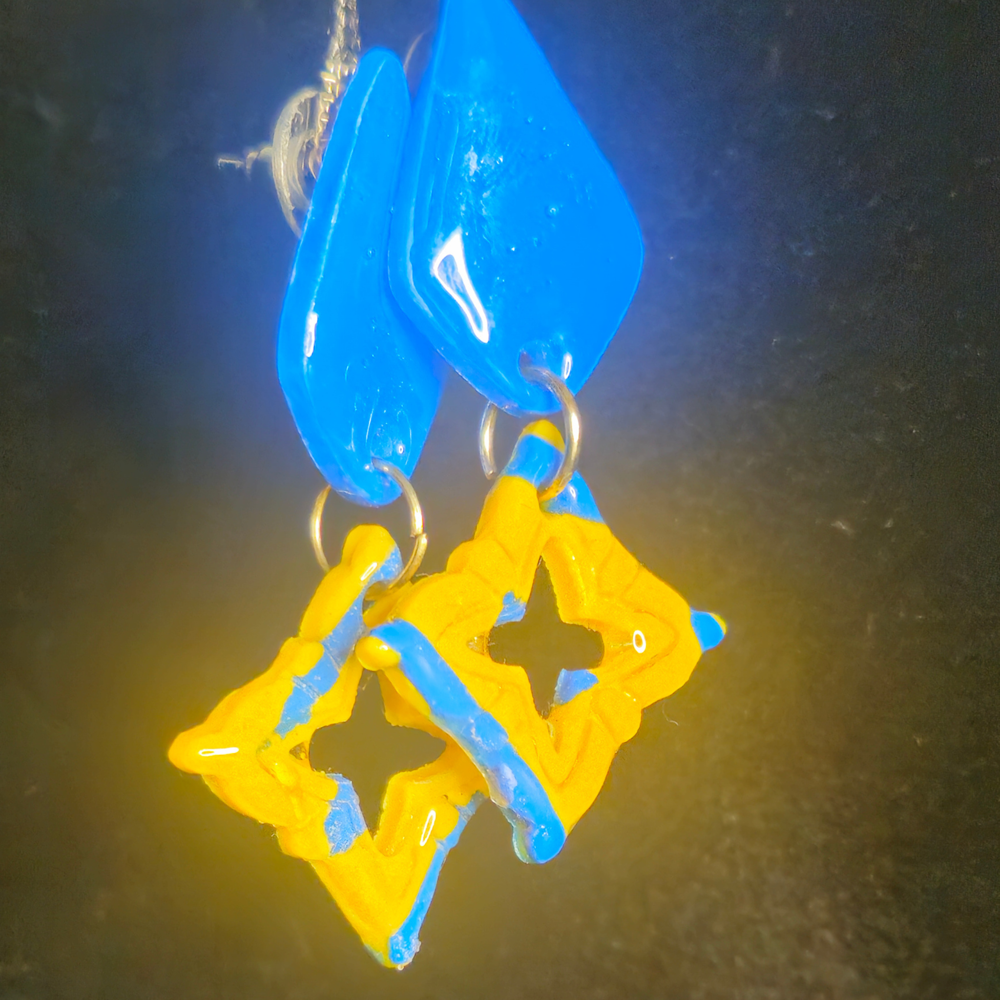 Blue & Yellow Two-Piece Open Star Resin Dangle Earrings
