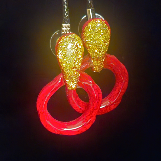 Gold Chunky Glitter Teardrop & Red Open Double Loop Resin Earrings