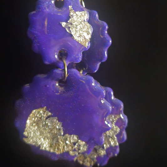 Purple & Silver Foil Stacked Scalloped Circle Resin Dangle Earrings